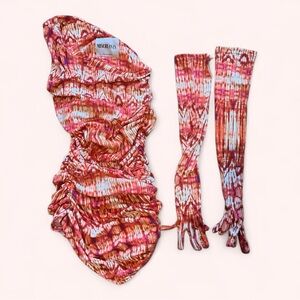 Miscreants London Colorful Tie-Dye Mini Dress SET W/Long Gloves Size US 4